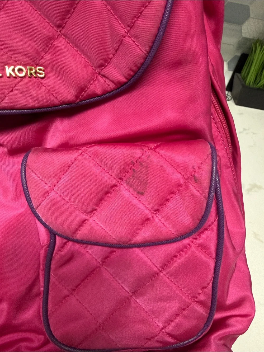 Michael Kors Hot Pink Quilted Backpack with Purple Trim